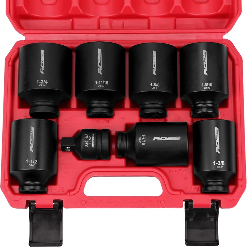 SEDY SAE Deep Impact Socket Set 8-Piece 1/2-inch Drive Wheel Axle Nut Wrench Large Sockets Standard Adapter 1-11/16 1-9/16 1-3/8 1-7/16 1-1/2 1-5/8 1-3/4 Imperial Spindle Joint Torque Bearing Locknut Truck - Image 1